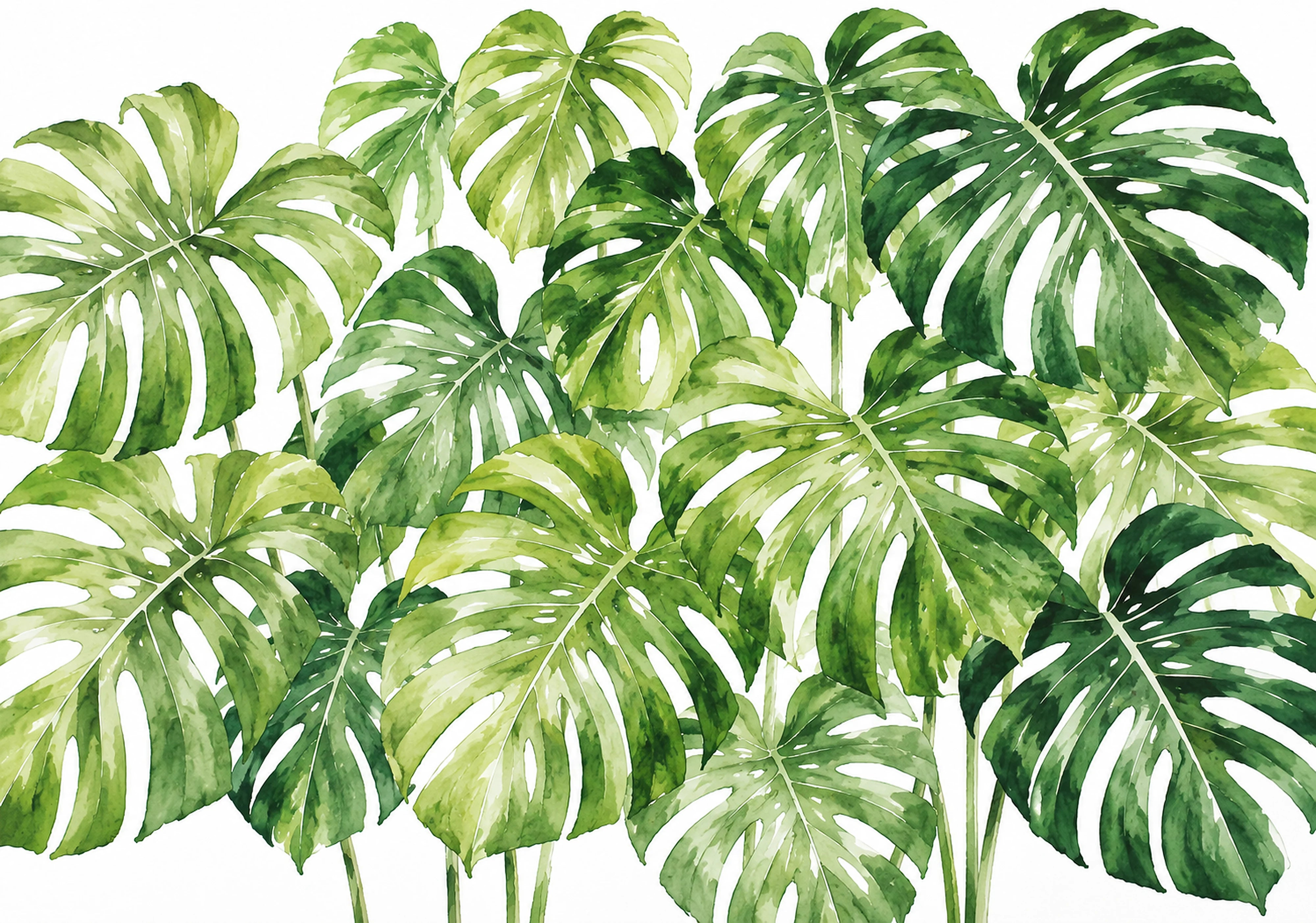 Aquarell Monstera Blätter in kräftigen Grüntönen auf weißem Hintergrund als botanisches Headerbild der Sand and Coal Collection von Veróme.