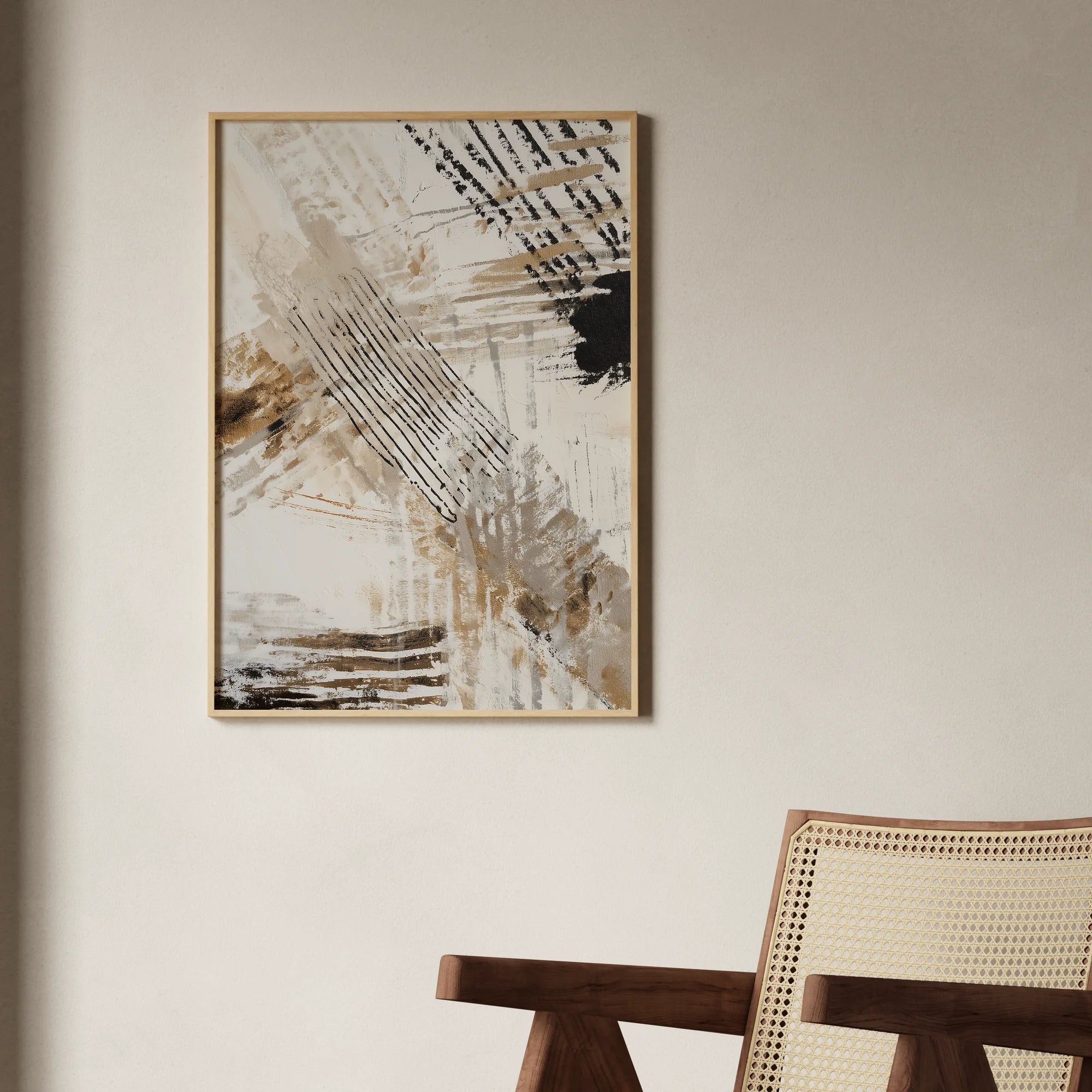 Coal Drift No.2 abstrakter Kunstdruck mit schwarzen Pinselstrichen und braunen Akzenten, modernes Brushstroke Poster in Erdtönen