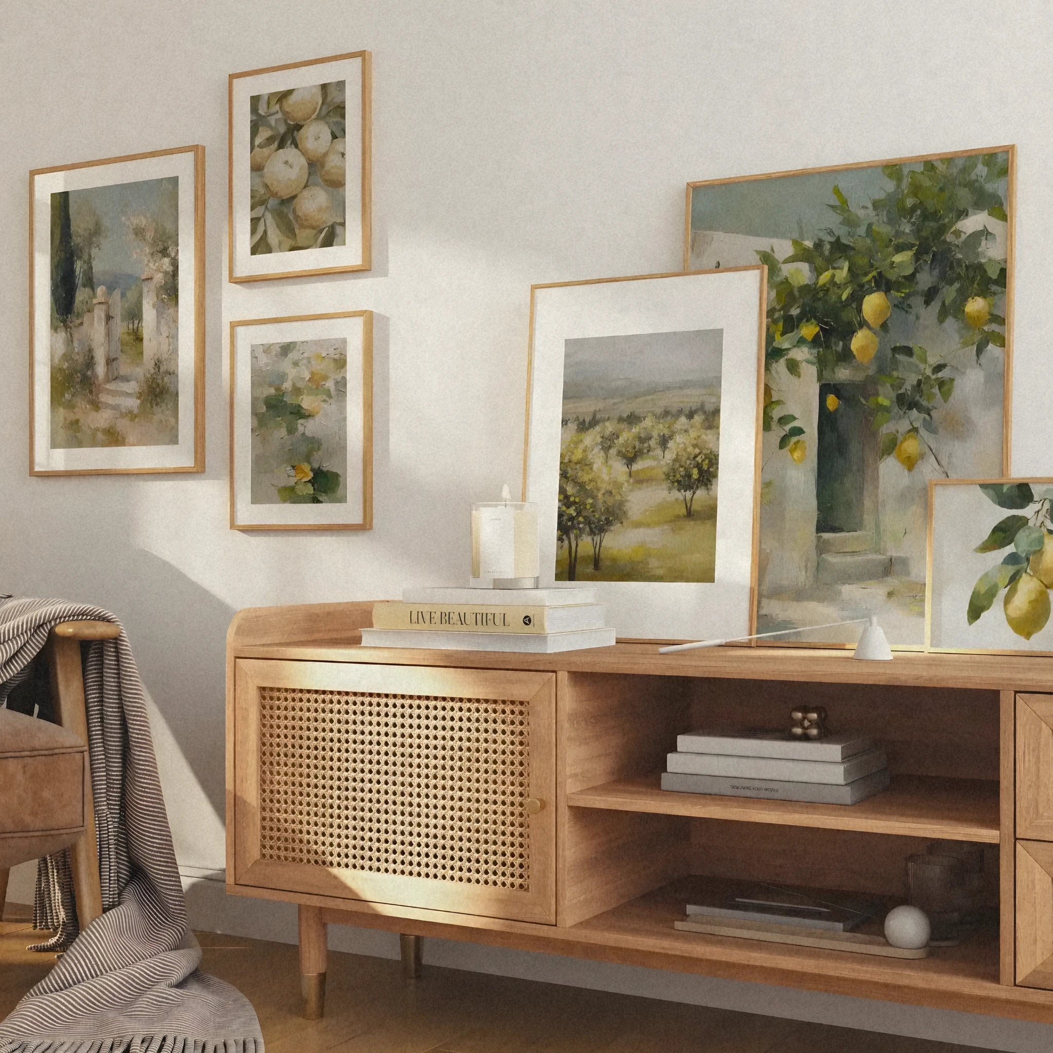 Gerahmte mediterrane Poster mit Toskana- und Zitronen-Motiven über Rattan-Sideboard im Wohnzimmer – Veróme