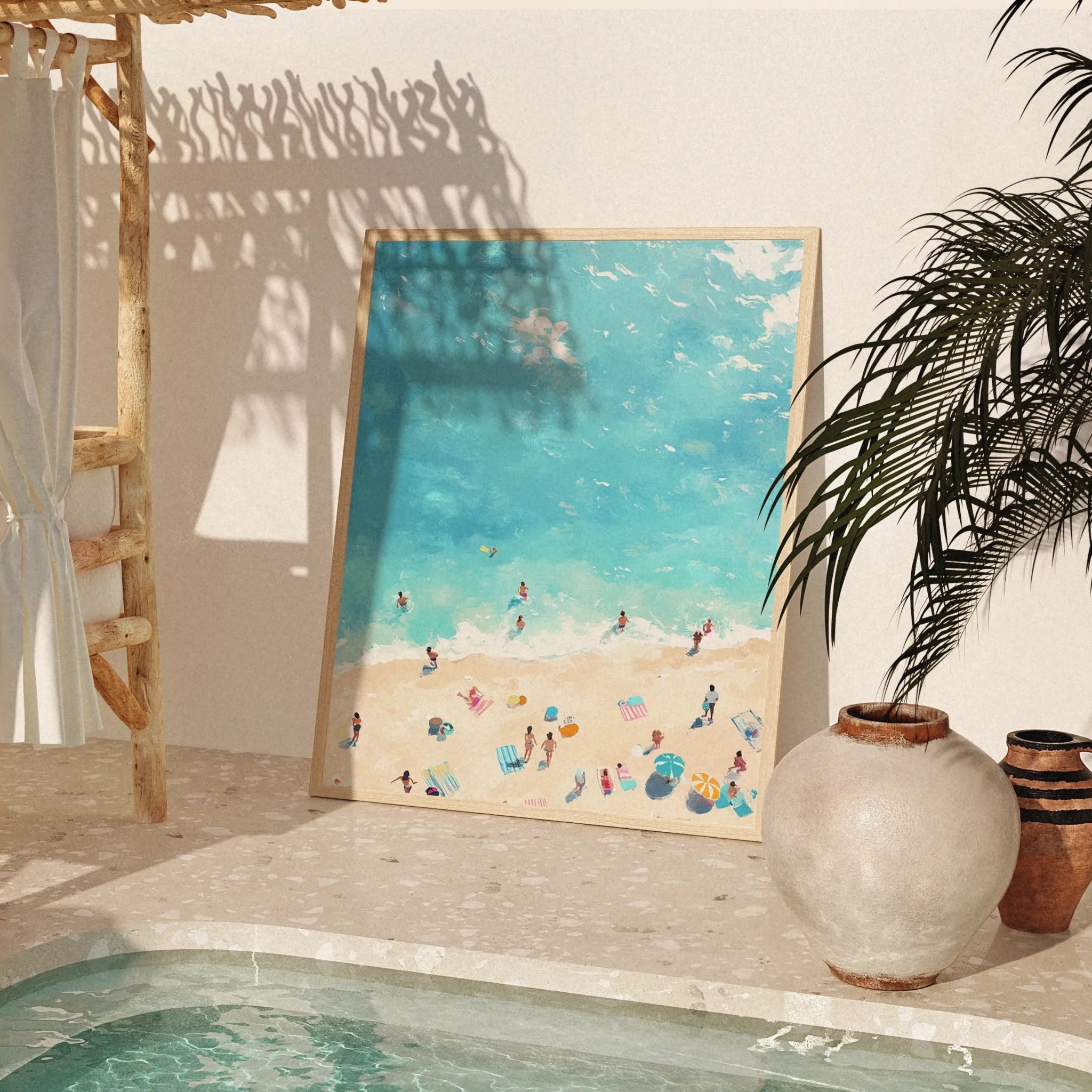 Sommerliches Strandposter aus der Coastal Dreams Kollektion als mediterranes Wandbild im Holzrahmen neben Pool und Palmen von Veróme