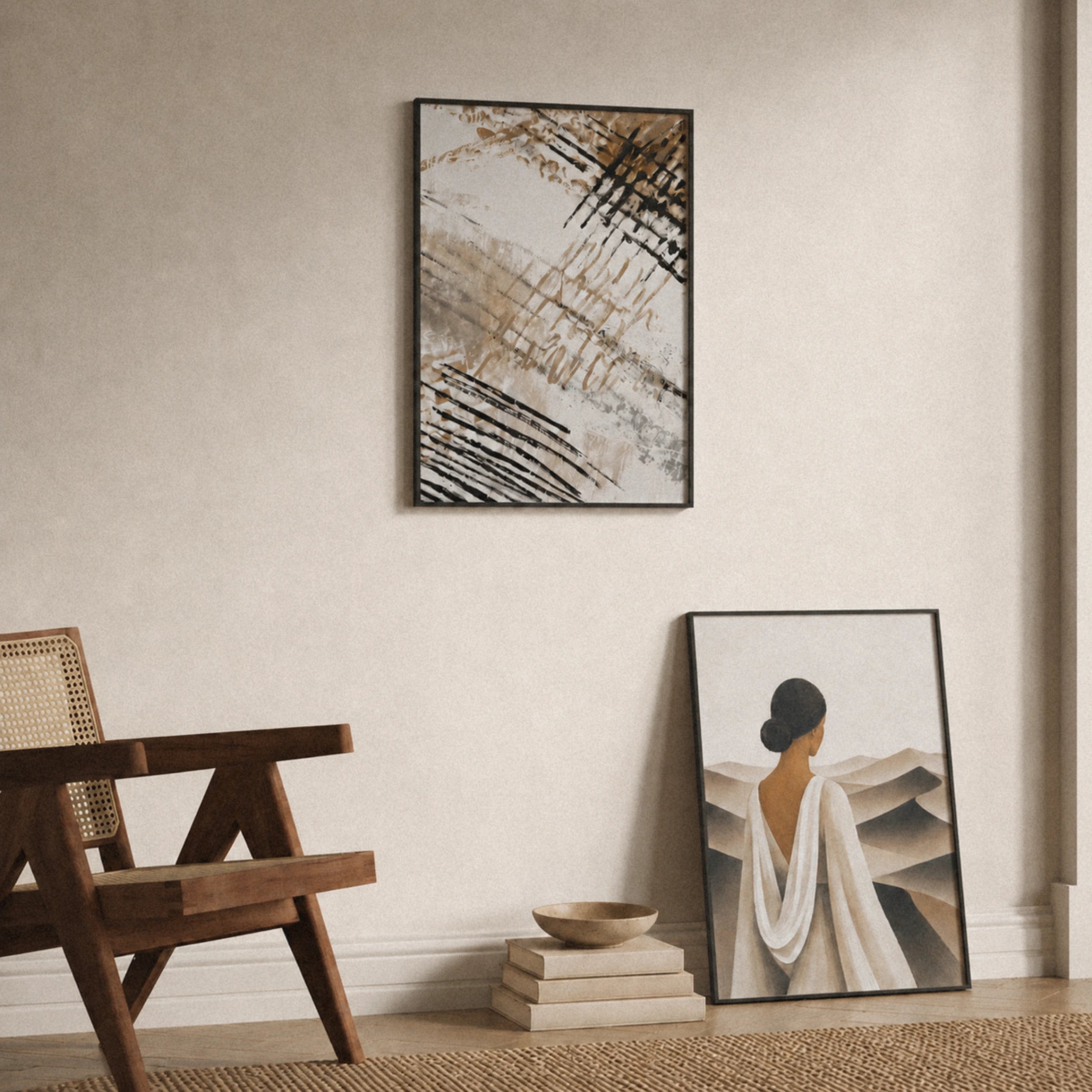 Gerahmte Veróme Poster Mirage und Coal Drift No. 1 aus der Sand and Coal Collection in einem minimalistischen Interior-Mockup mit warmen Naturtönen, abstrakter Wandkunst und ruhiger Galerie-Ästhetik.