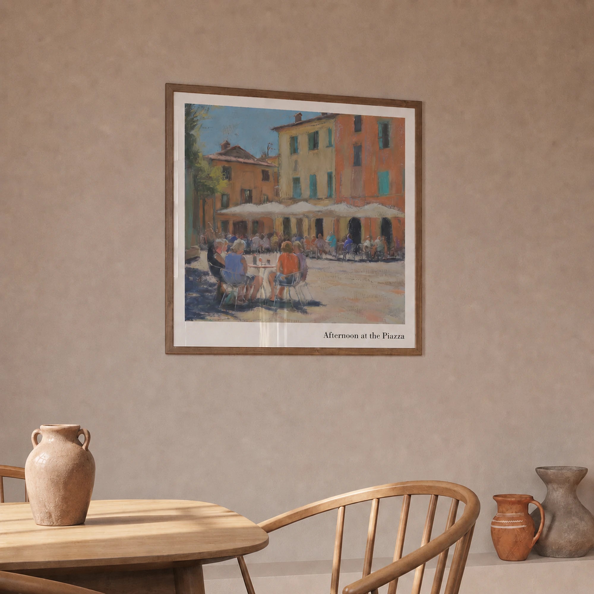 Gerahmtes Afternoon at the Piazza Poster mit italienischer Café-Szene in warmem mediterranen Interior-Mockup der Toscana Serenity Collection von Veróme