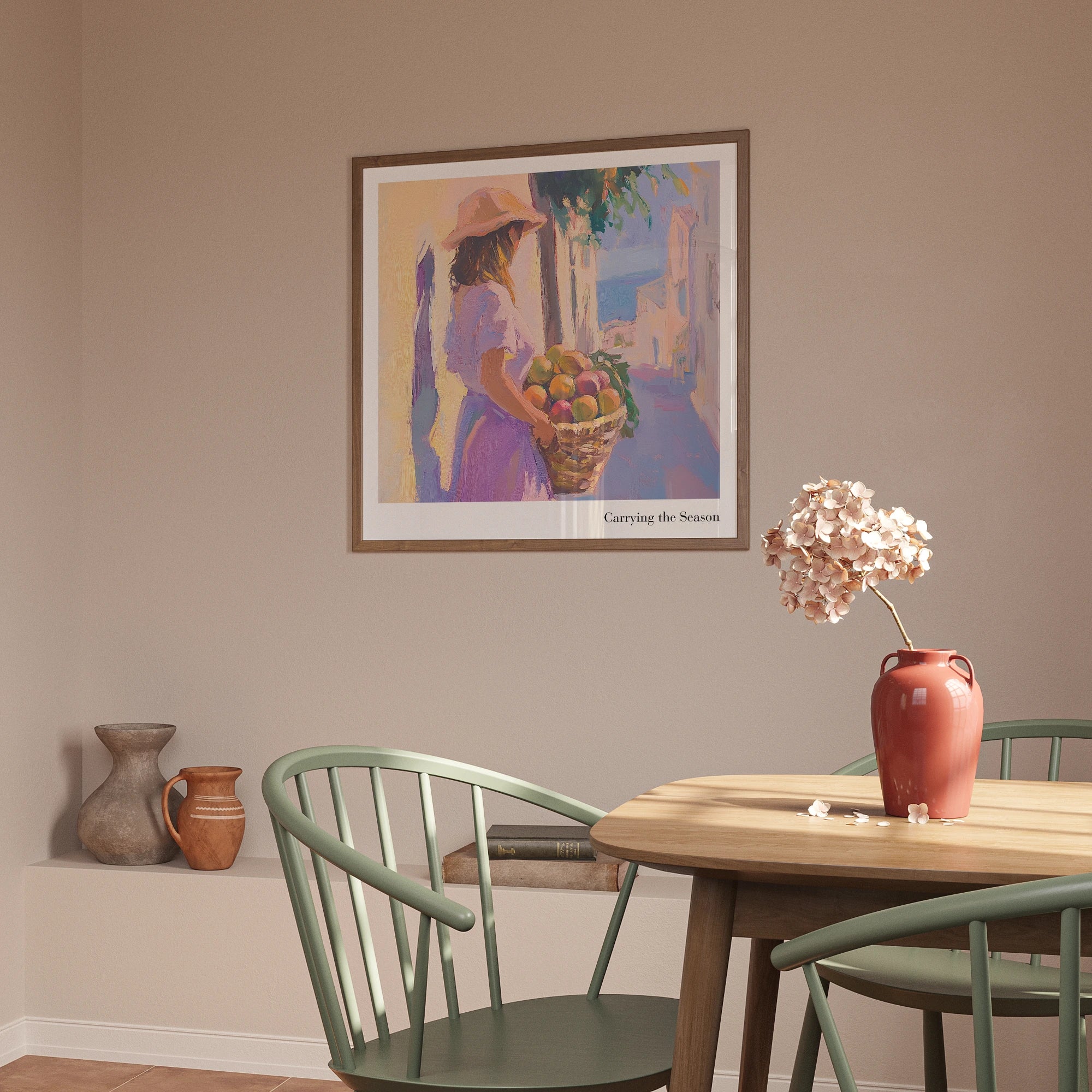 Gerahmtes Carrying the Season Poster mit mediterraner Frau und Früchtekorb in elegantem Toscana-Interior-Mockup von Veróme