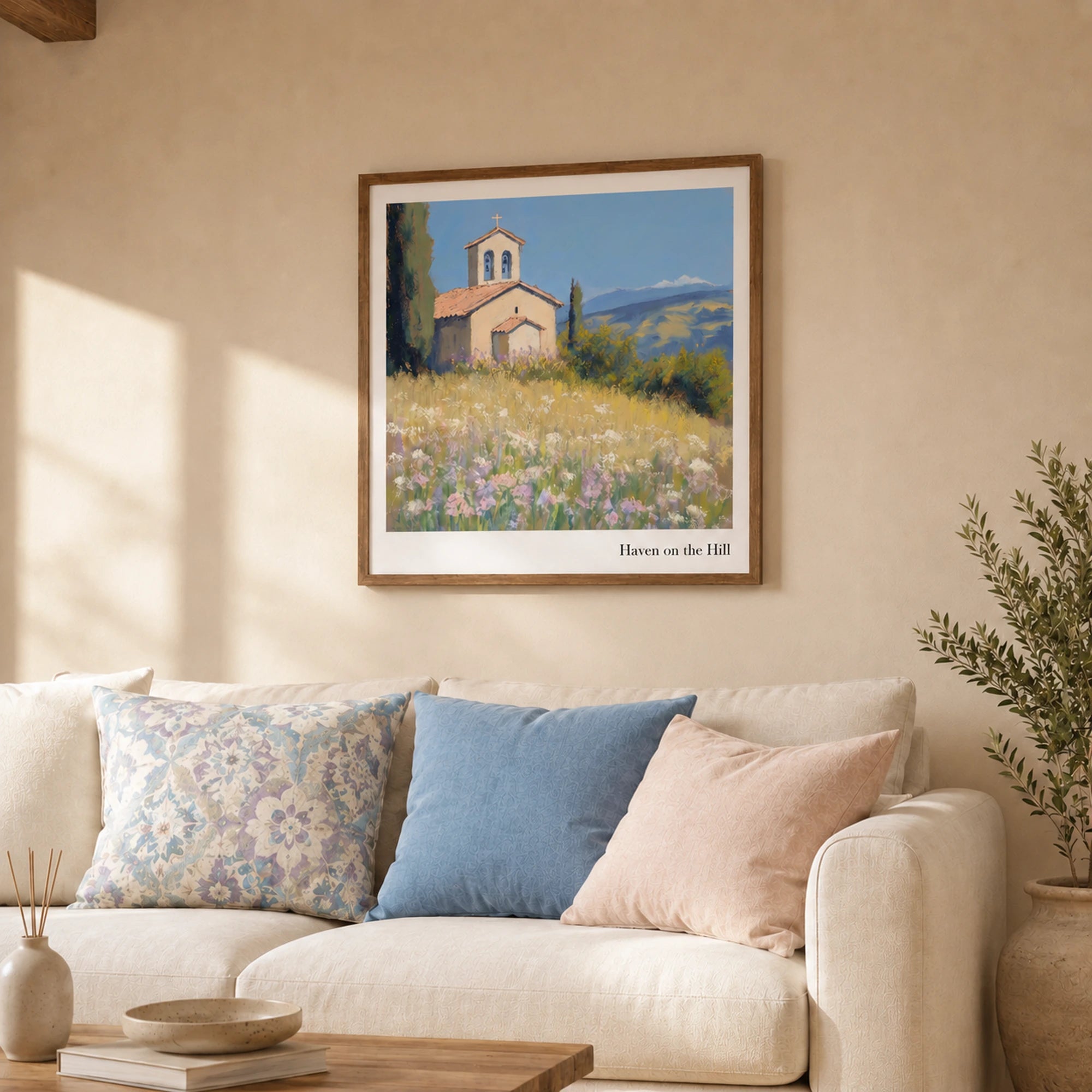 Gerahmtes Haven on the Hill Poster mit Kirche, Blumenwiese und Toskana-Landschaft in hellem Wohnzimmer-Mockup von Veróme