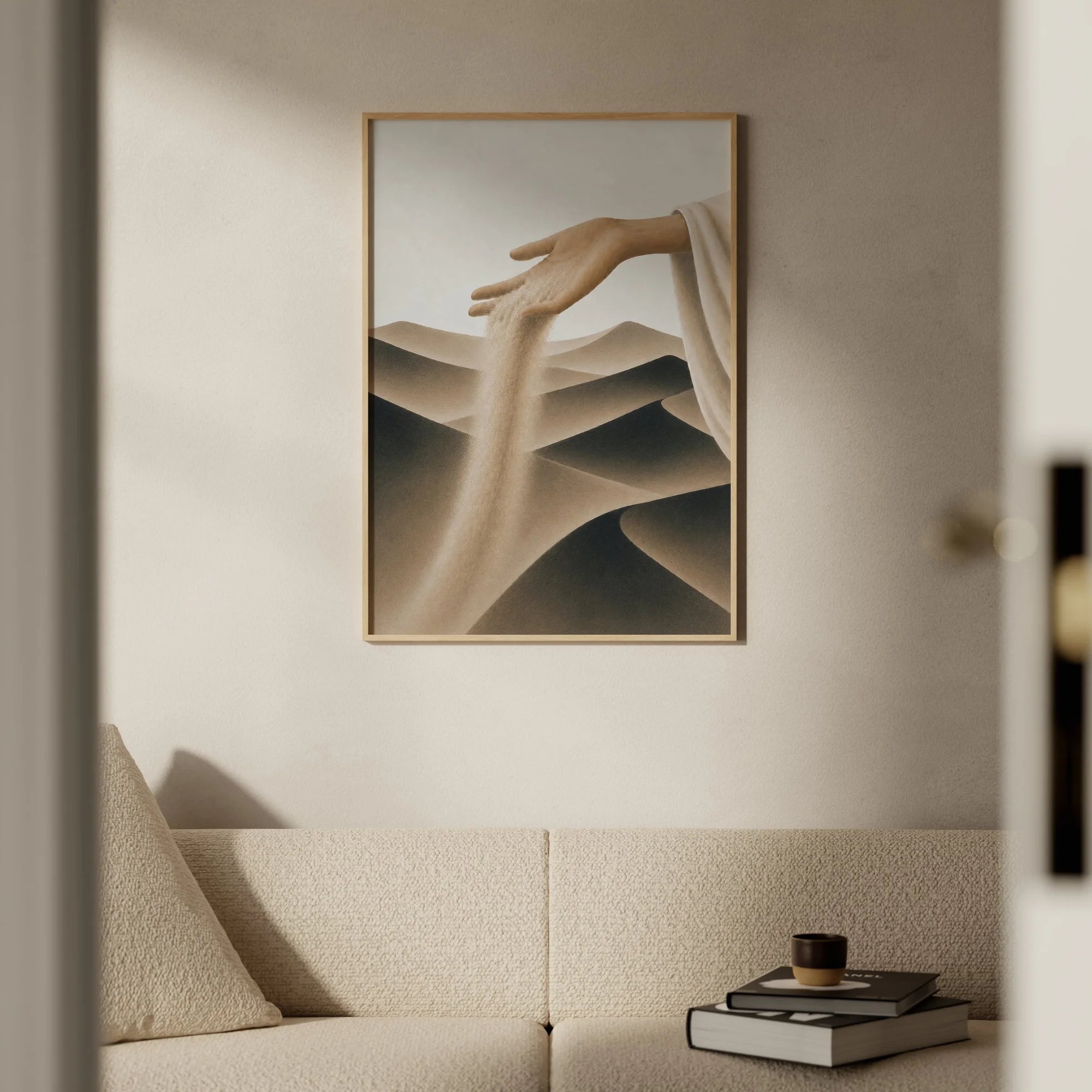 A Gentle Release Wüsten Poster mit Hand die Sand auf Dünen rieseln lässt, ruhiger figurativer Kunstdruck in beige und braun