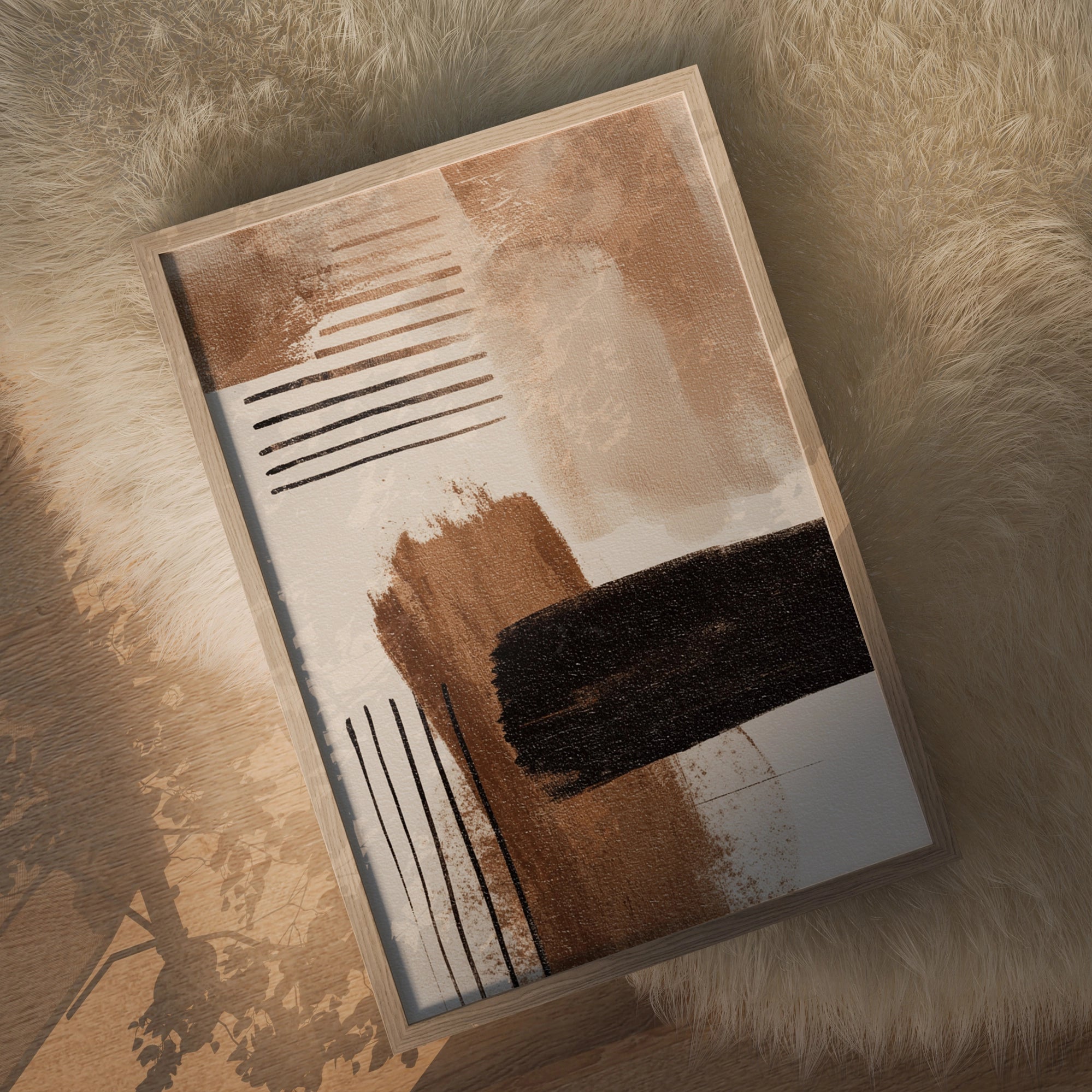Abstract minimalist painting with beige, brown, and black brush strokes and lines, displayed as modern wall art in a stylish interior setting.
