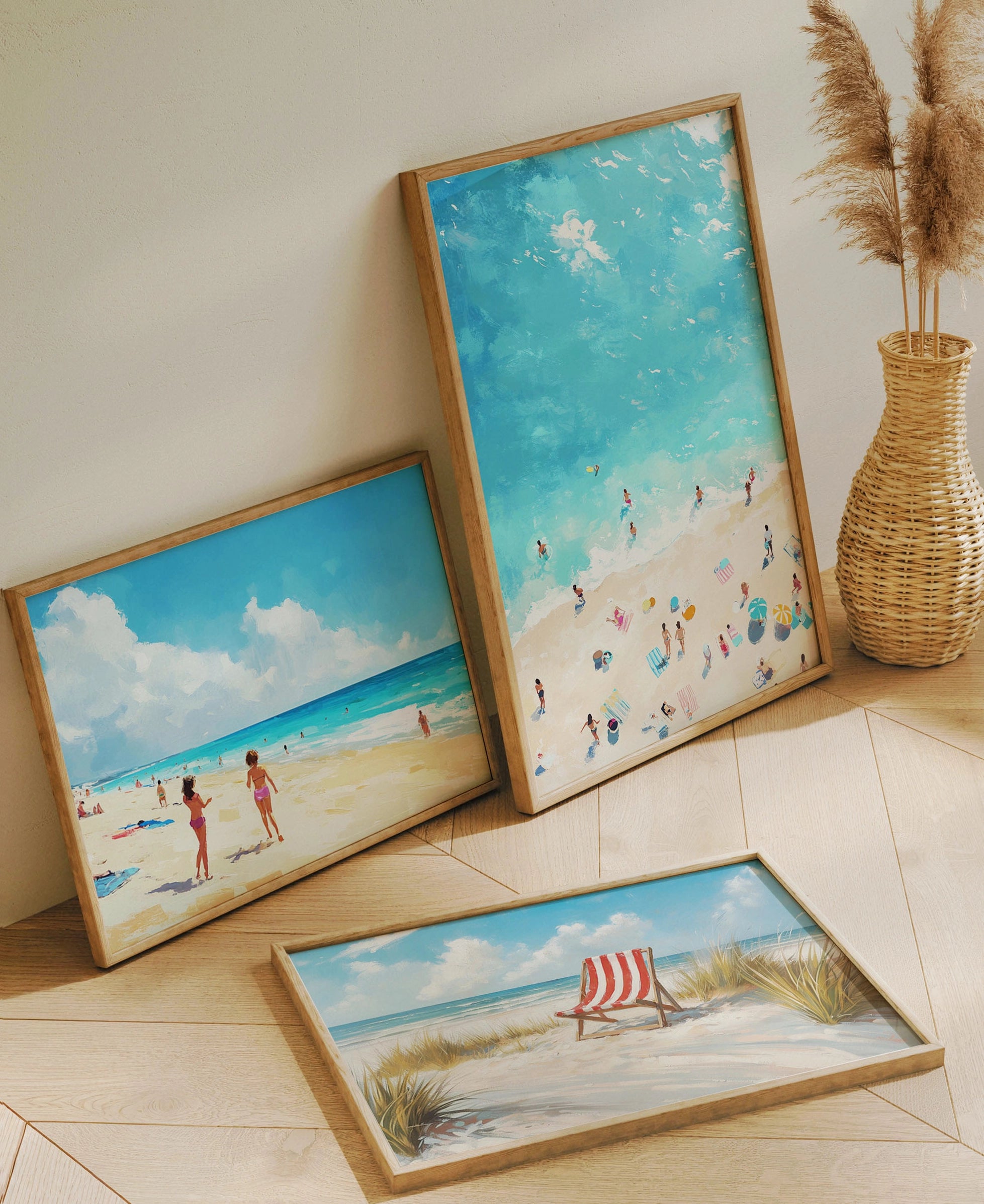 Set of beach wall art prints featuring ocean scenes, sandy beaches, and summer landscapes, displayed together in a modern home interior.