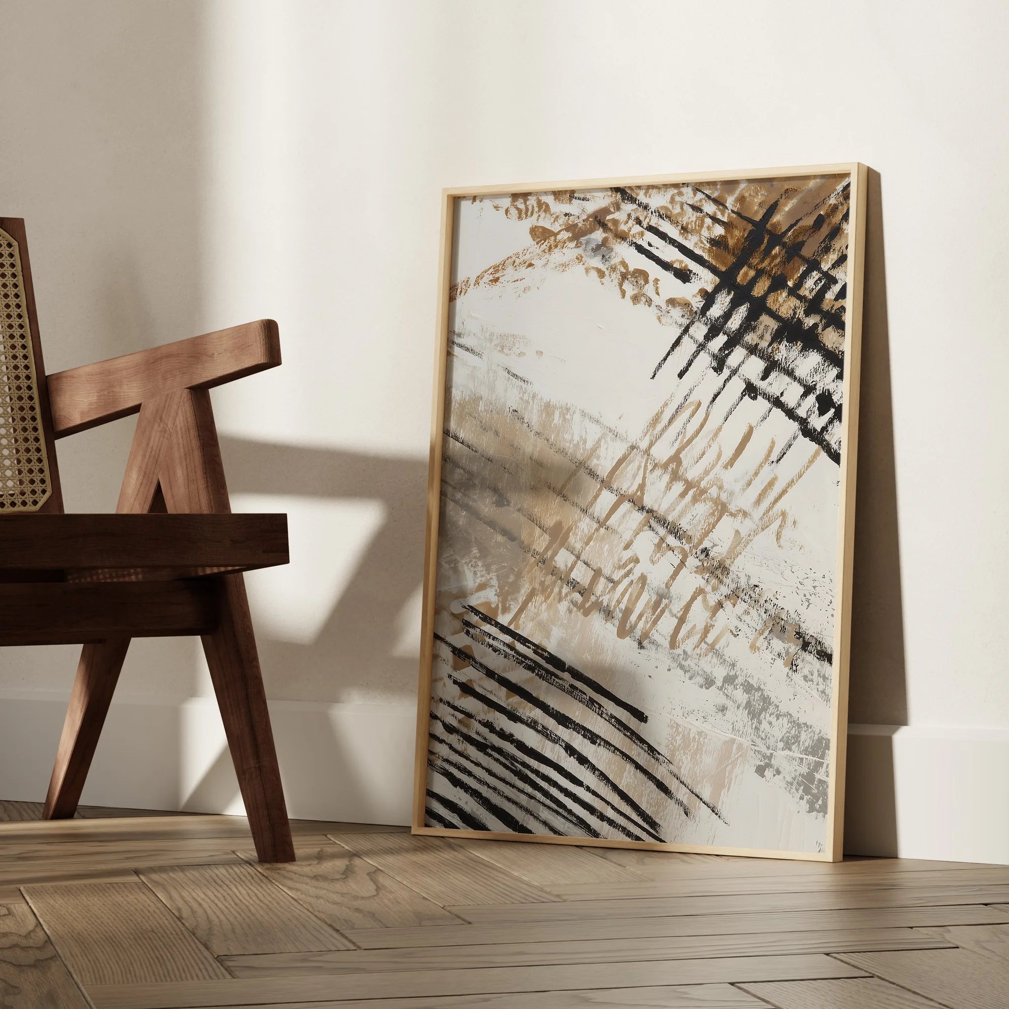 Coal Drift No.1 abstrakter Kunstdruck mit schwarzen Schraffuren und goldener Kalligrafie auf beige, modernes Brushstroke Poster