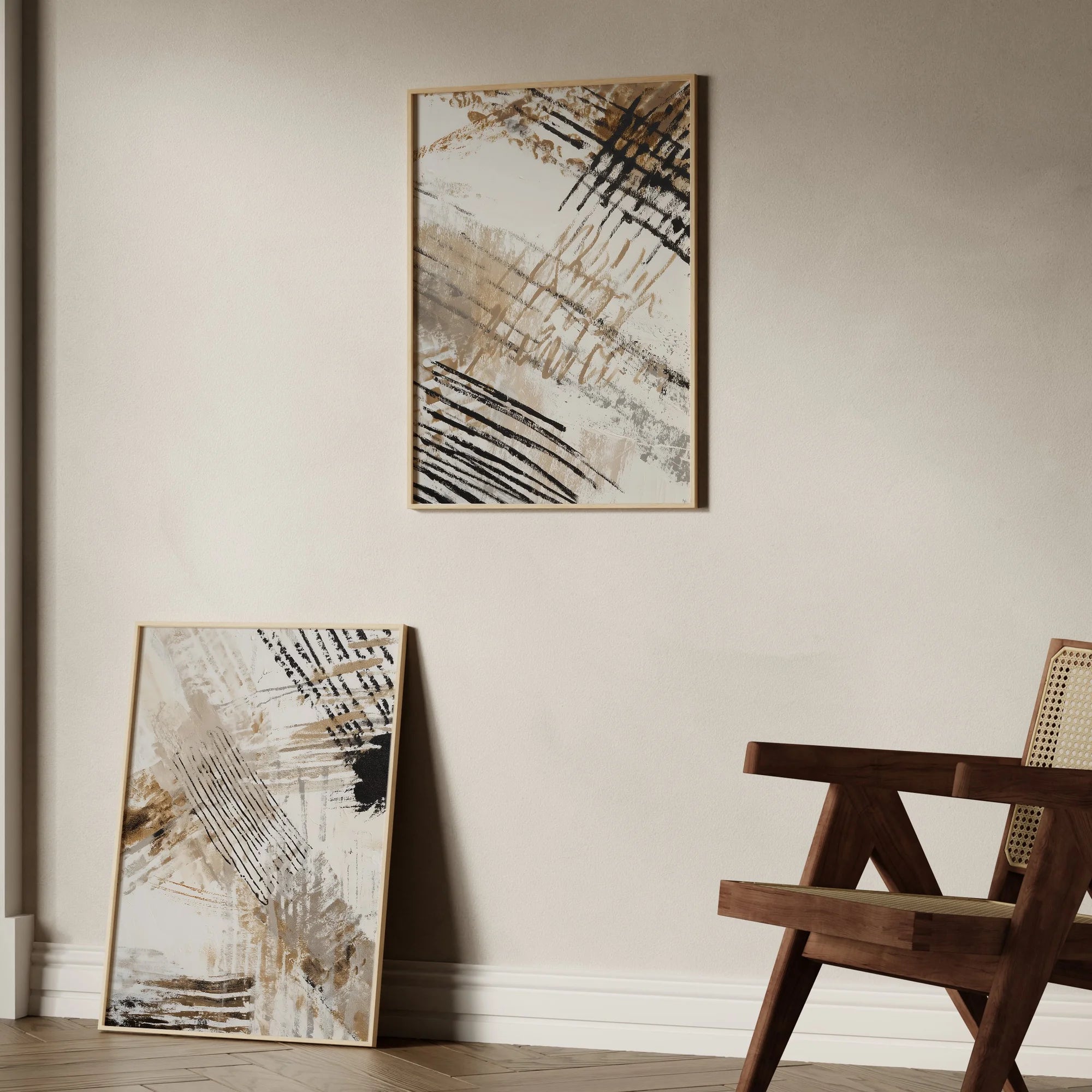 Coal Drift No.2 und No.1 als abstraktes Diptychon, moderne Brushstroke Poster mit Kalligrafie-Akzenten in schwarz und gold