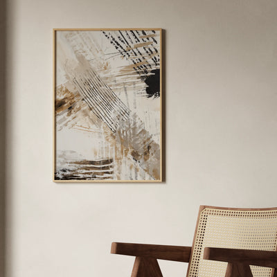 Coal Drift No.2 abstrakter Kunstdruck mit schwarzen Pinselstrichen und braunen Akzenten, modernes Brushstroke Poster in Erdtönen