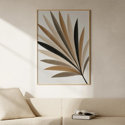 Fanleaf botanischer Kunstdruck mit gefächertem Palmblatt in beige, braun und schwarz, modernes Boho Poster für skandinavische Räume