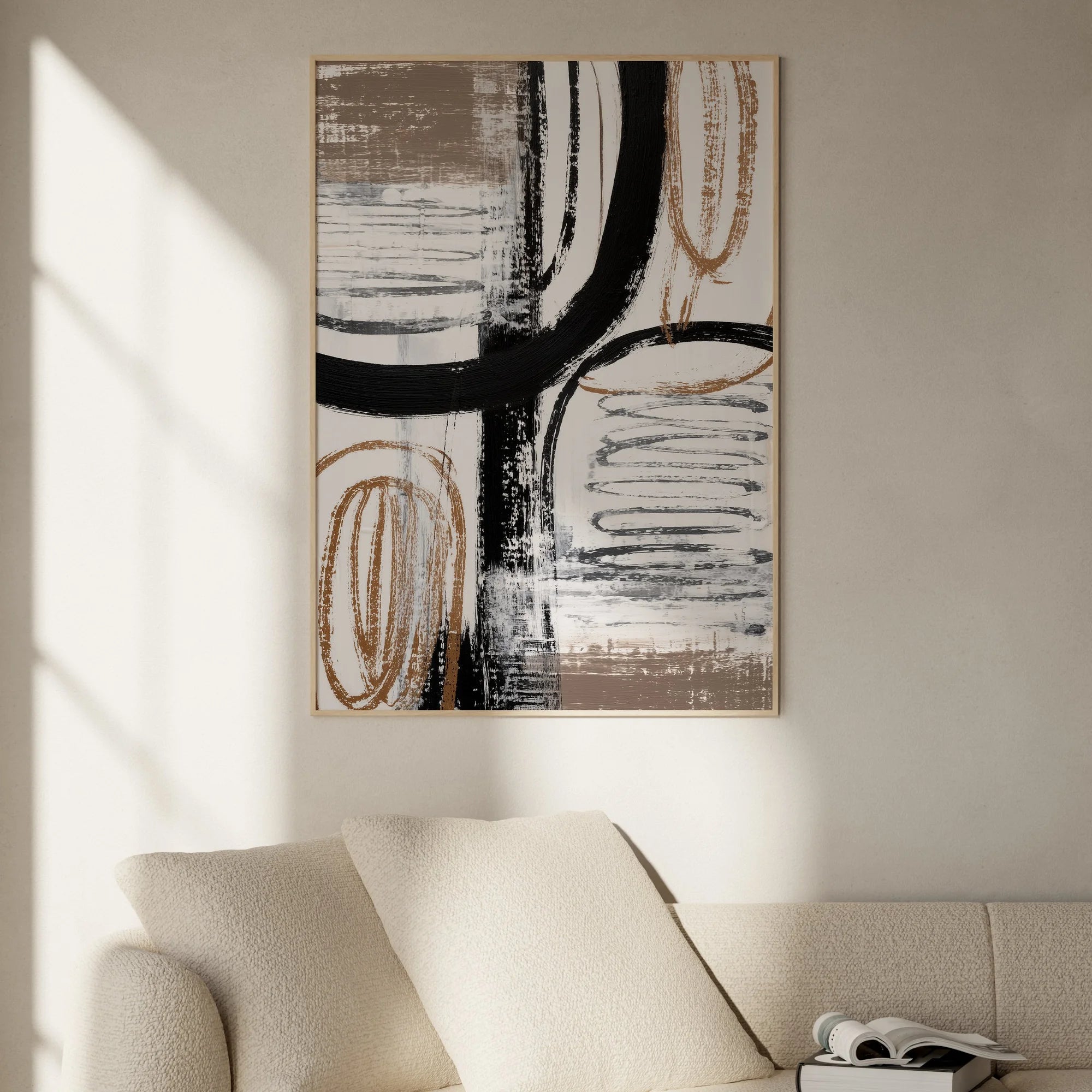 Gesture No.1 abstrakter Kunstdruck mit schwarzen Linien und braunen organischen Formen auf beige, expressives modernes Poster