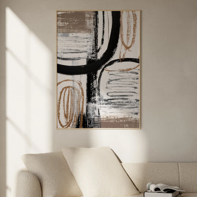 Gesture No.1 abstrakter Kunstdruck mit schwarzen Linien und braunen organischen Formen auf beige, expressives modernes Poster