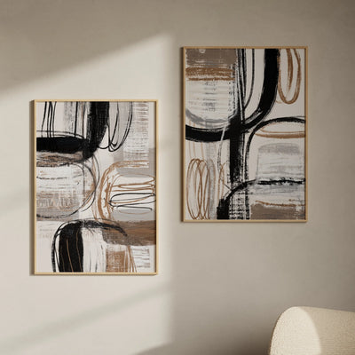 Gesture No.1 und No.2 als abstraktes Galerie-Duo, expressive Pinselstriche in schwarz, beige und braun, modernes Wandkunst Set