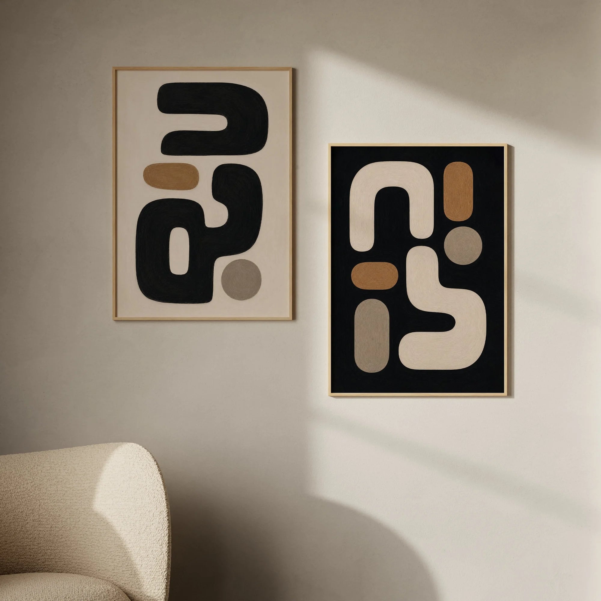 Nocture und Overture als Mid-Century Diptychon, schwarze und beige organische Formen, abstraktes Galerie-Wand Set in Erdtönen