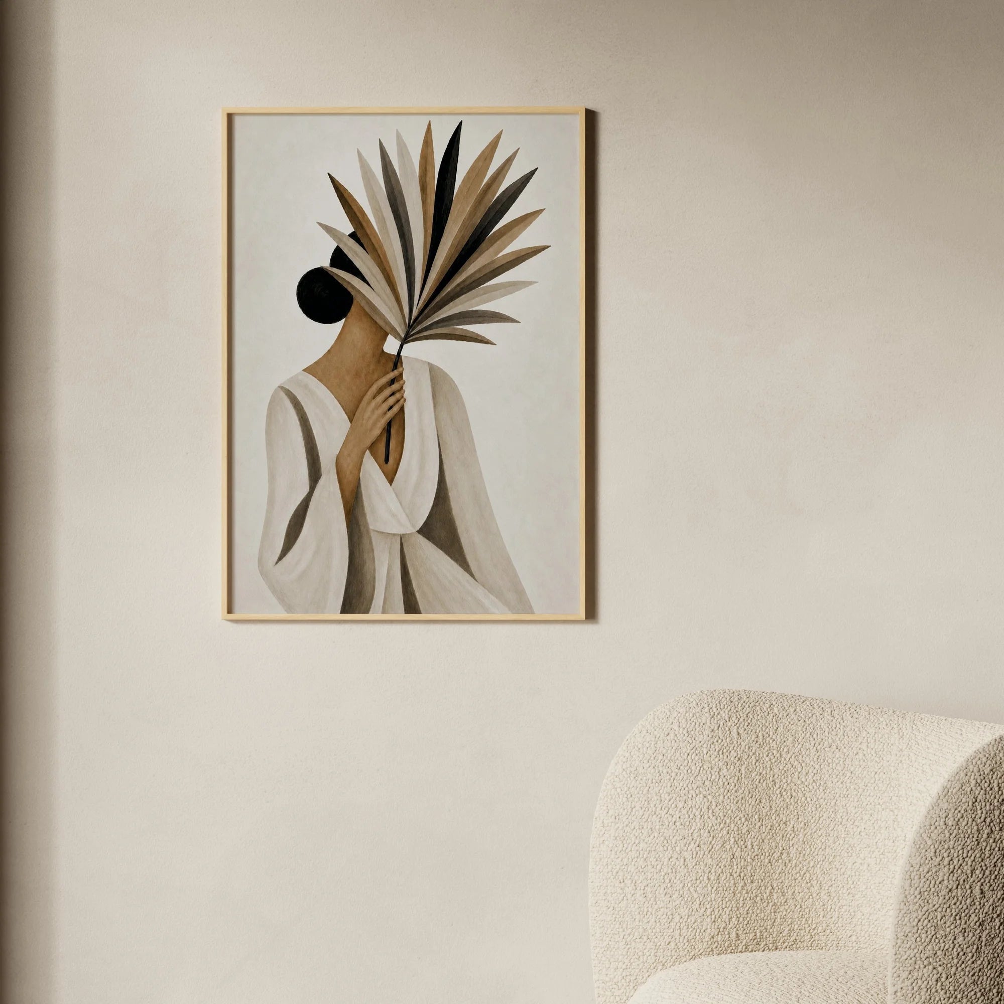 Palm Veil figurativer Kunstdruck mit Frau die Palmblatt vor das Gesicht hält, modernes Boho Poster in warmen Erdtönen