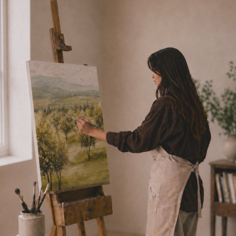 Animiertes Mockup mediterraner Kunstdrucke an einer Galeriewand mit Toskana-, Zitronen- und Olivenhain-Motiven aus der Veróme Kollektion