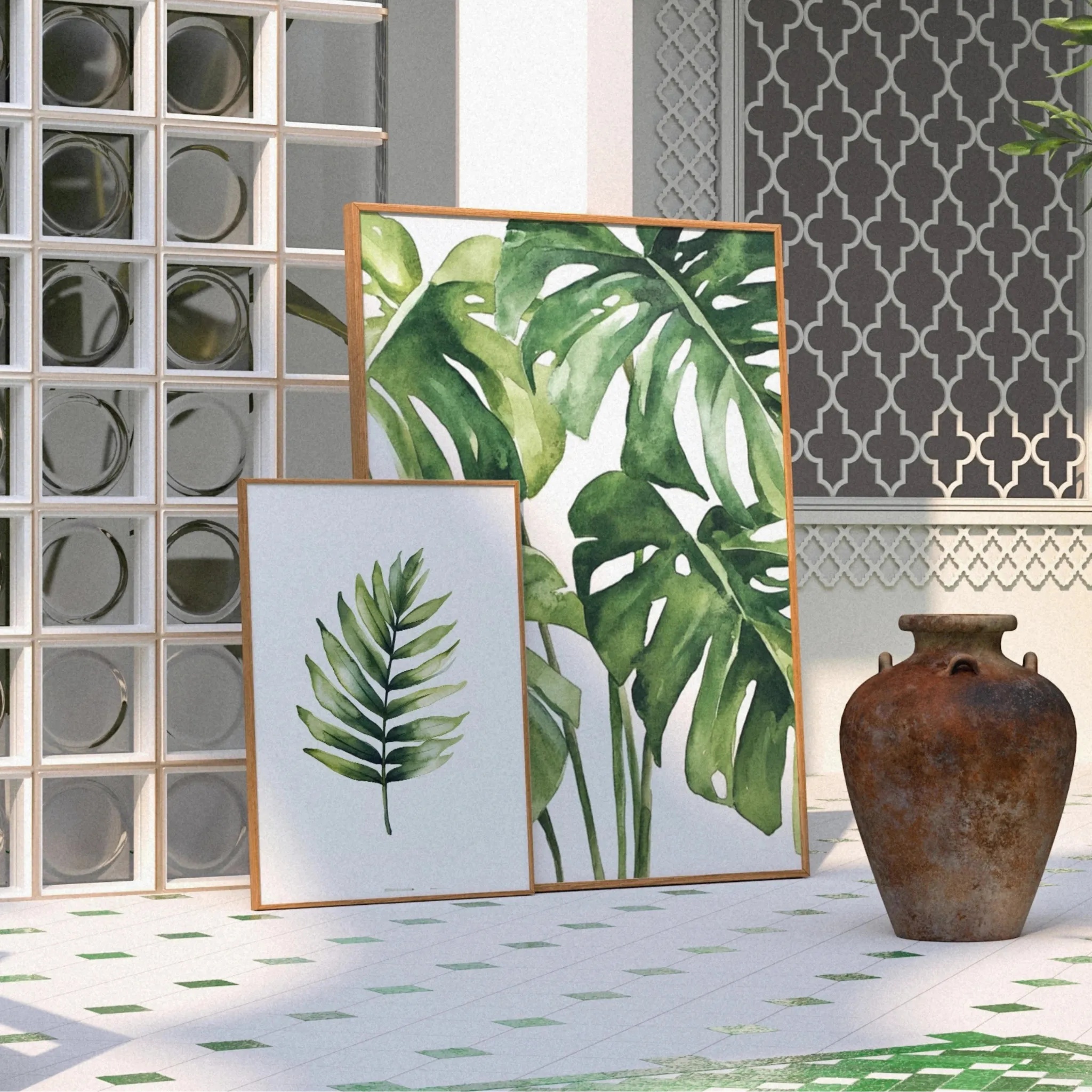 Botanisches Poster-Set aus der Aquarelle Green Kollektion mit grünen Blättern als natürliche Wandbilder im Holzrahmen von Veróme