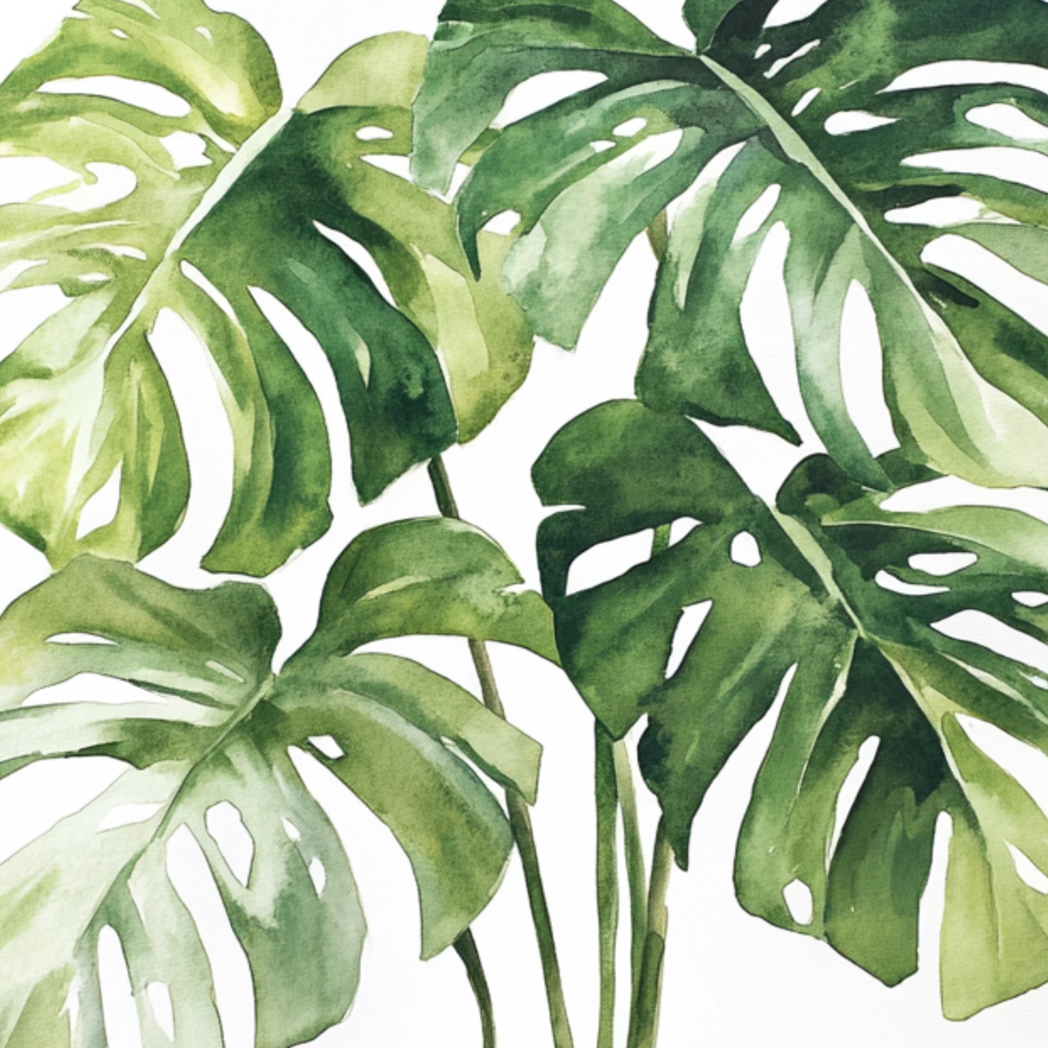 Aquarelle Monstera Poster von Veróme mit grünen Monstera-Blättern im botanischen Aquarellstil auf weißem Hintergrund als natürliche Pflanzen Wandkunst.