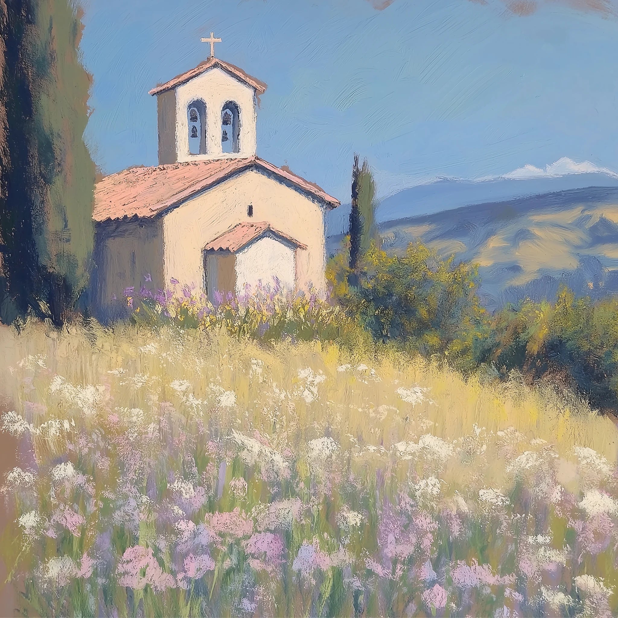 Haven on the Hill Poster von Veróme mit mediterraner Kirche auf einem Hügel, Zypressen, blühender Wiese und heller Toskana Landschaft als kunstvolles Wandbild.