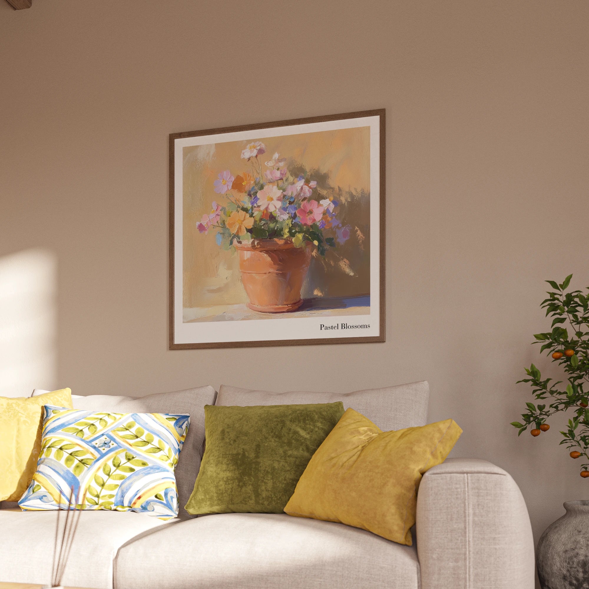 Gerahmtes Pastel Blossoms Blumenposter mit pastelligen Blüten in warmem Wohnzimmer-Mockup der Toscana Serenity Collection von Veróme