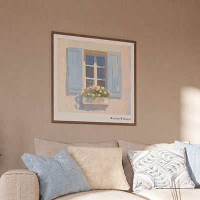 Gerahmtes Window Whispers Poster mit blauem Fenster und Blumentopf in hellem mediterranen Wohnzimmer-Mockup von Veróme