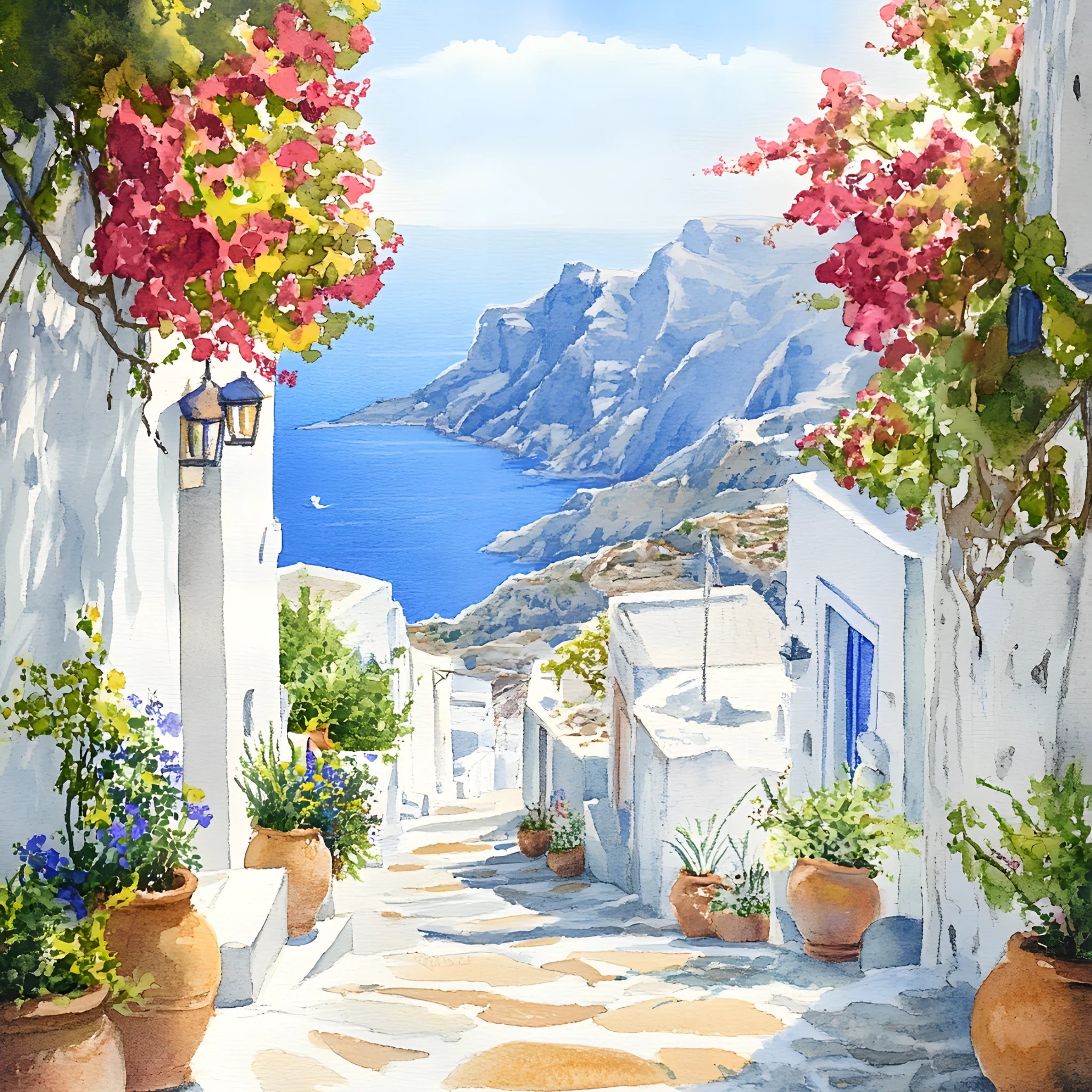 Whispers of the Aegean Poster von Veróme mit weißer Küstengasse, pinken Bougainvillea, mediterranen Häusern und Blick auf das blaue Meer im Aquarellstil.
